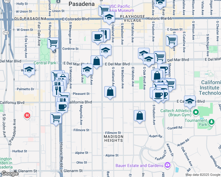 map of restaurants, bars, coffee shops, grocery stores, and more near 485 South Oakland Avenue in Pasadena
