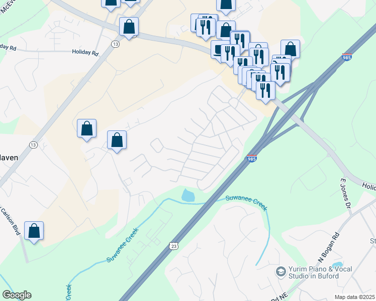 map of restaurants, bars, coffee shops, grocery stores, and more near 5526 Magnolia Way in Buford
