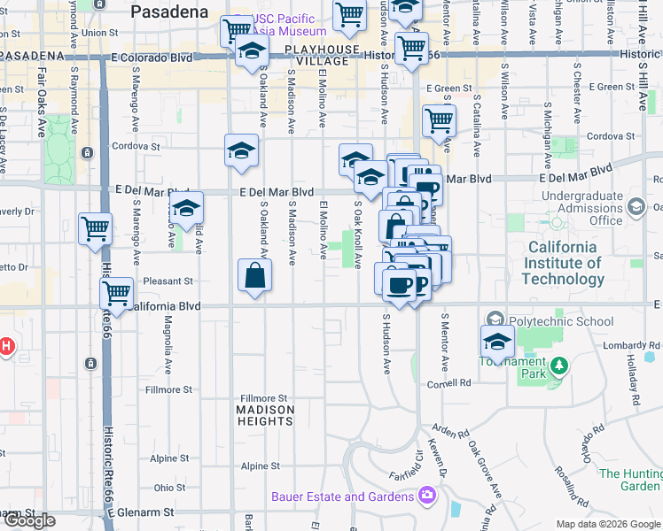 map of restaurants, bars, coffee shops, grocery stores, and more near 482 South El Molino Avenue in Pasadena