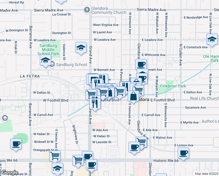 map of restaurants, bars, coffee shops, grocery stores, and more near 348 West Mountain View Avenue in Glendora