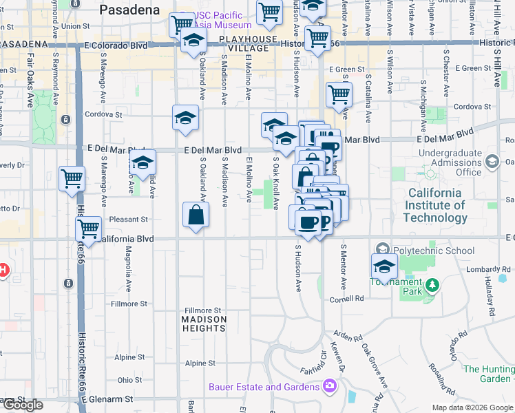 map of restaurants, bars, coffee shops, grocery stores, and more near 482 South El Molino Avenue in Pasadena
