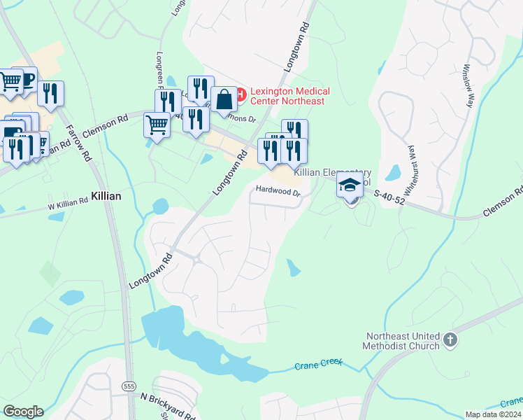 map of restaurants, bars, coffee shops, grocery stores, and more near 4 Killian Green Circle in Columbia