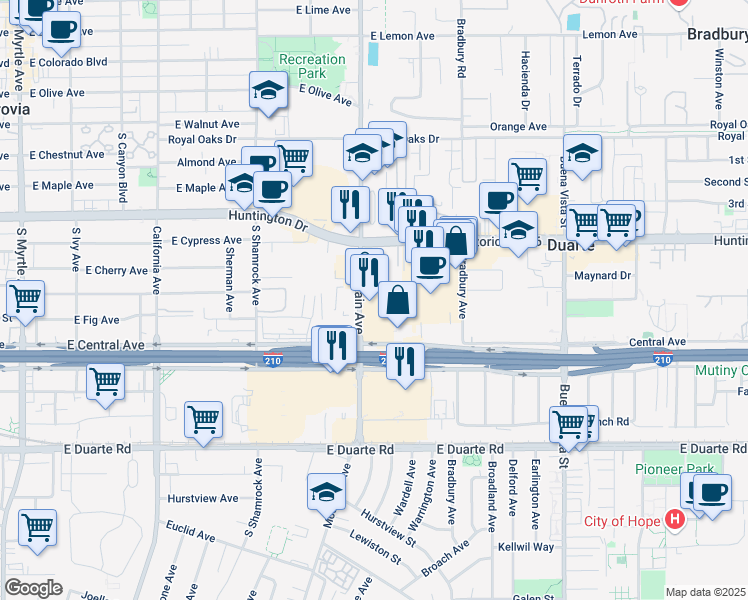 map of restaurants, bars, coffee shops, grocery stores, and more near 1422 Mountain Avenue in Duarte