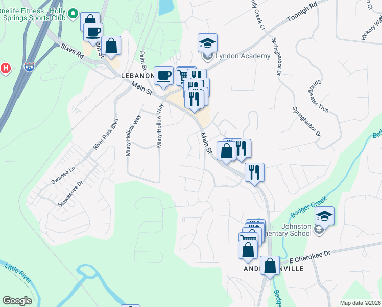 map of restaurants, bars, coffee shops, grocery stores, and more near 306 Aldene Court in Holly Springs