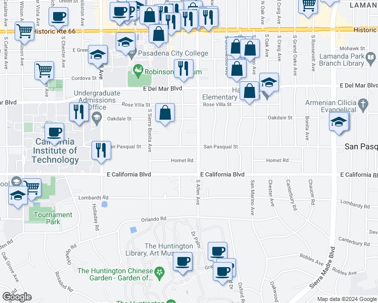 map of restaurants, bars, coffee shops, grocery stores, and more near 1770 San Pasqual Street in Pasadena