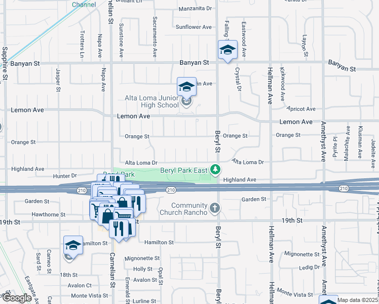 map of restaurants, bars, coffee shops, grocery stores, and more near 6439 Zircon Avenue in Rancho Cucamonga