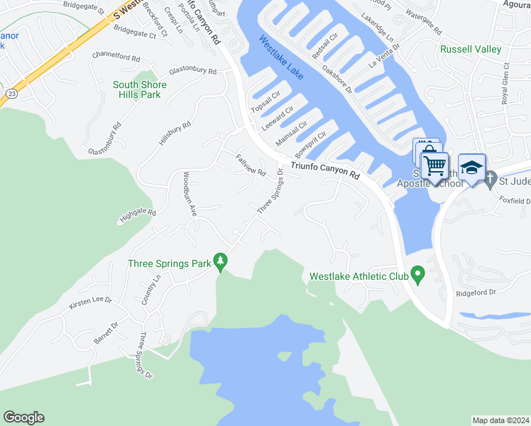 map of restaurants, bars, coffee shops, grocery stores, and more near 3514 Three Springs Drive in Westlake Village