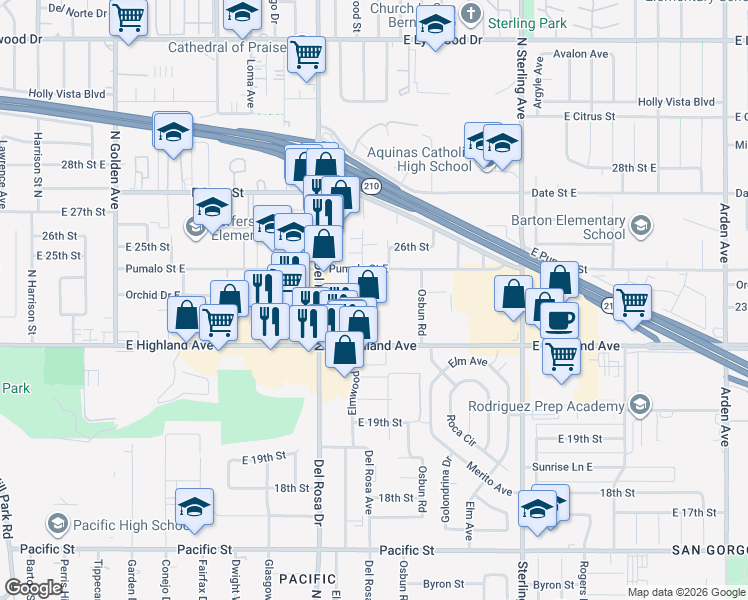 map of restaurants, bars, coffee shops, grocery stores, and more near 1700 East Highland Avenue in San Bernardino