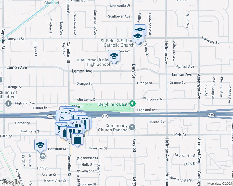 map of restaurants, bars, coffee shops, grocery stores, and more near 6439 Zircon Avenue in Rancho Cucamonga