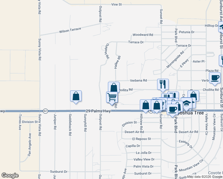 map of restaurants, bars, coffee shops, grocery stores, and more near in Joshua Tree