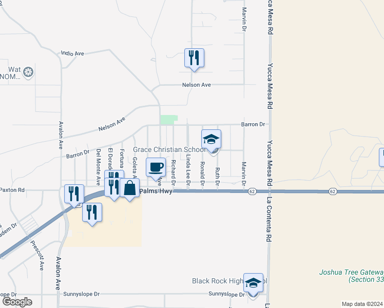 map of restaurants, bars, coffee shops, grocery stores, and more near 6391 Linda Lee Drive in Yucca Valley