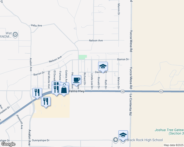 map of restaurants, bars, coffee shops, grocery stores, and more near 6391 Linda Lee Drive in Yucca Valley