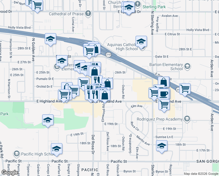 map of restaurants, bars, coffee shops, grocery stores, and more near 1700 East Highland Avenue in San Bernardino