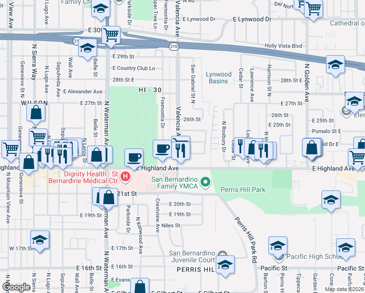 map of restaurants, bars, coffee shops, grocery stores, and more near 728 East 23rd Street in San Bernardino