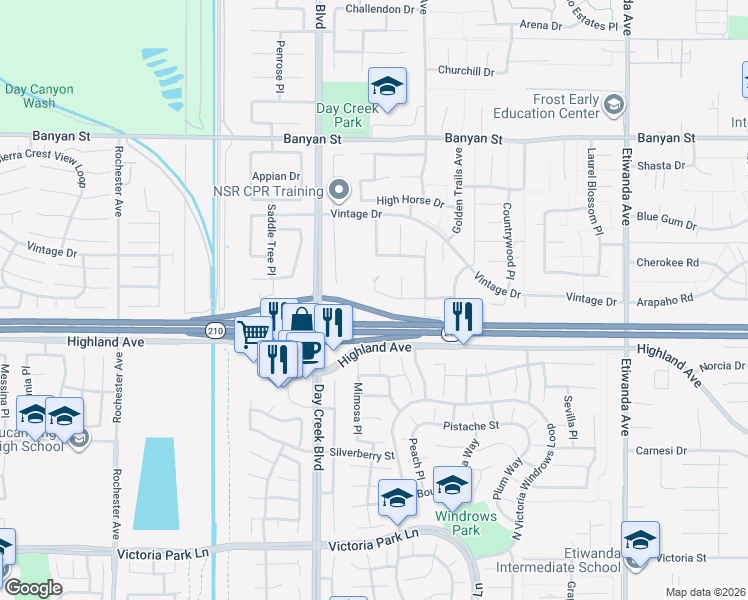 map of restaurants, bars, coffee shops, grocery stores, and more near 12369 Rodeo Drive in Rancho Cucamonga