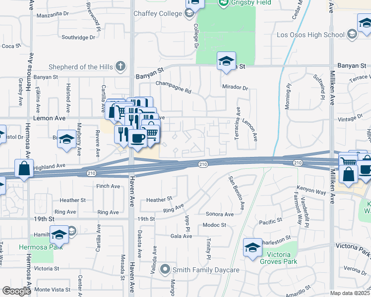 map of restaurants, bars, coffee shops, grocery stores, and more near 10757 Lemon Avenue in Rancho Cucamonga