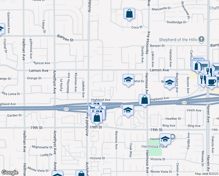 map of restaurants, bars, coffee shops, grocery stores, and more near 9805 Caldaro Street in Rancho Cucamonga