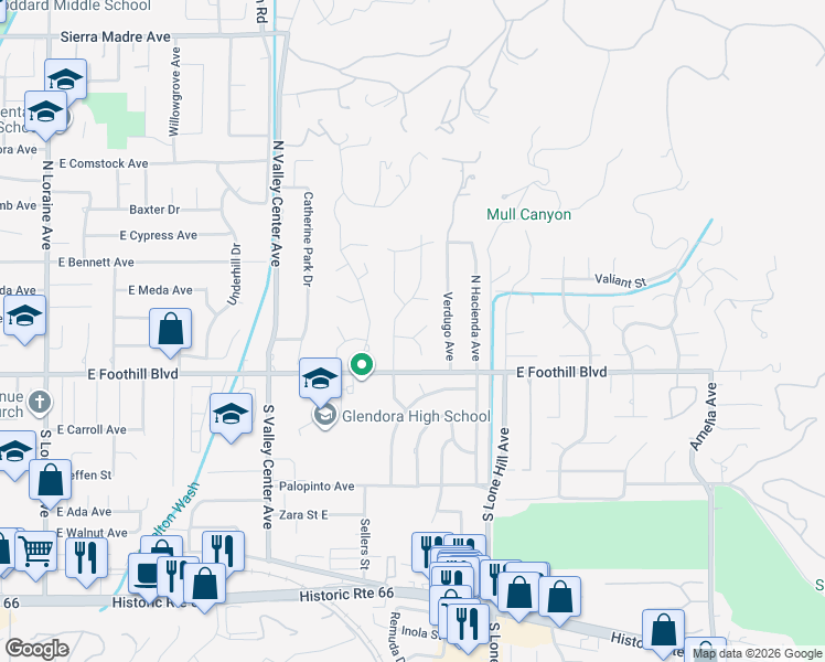 map of restaurants, bars, coffee shops, grocery stores, and more near 124 Whispering Oaks Drive in Glendora