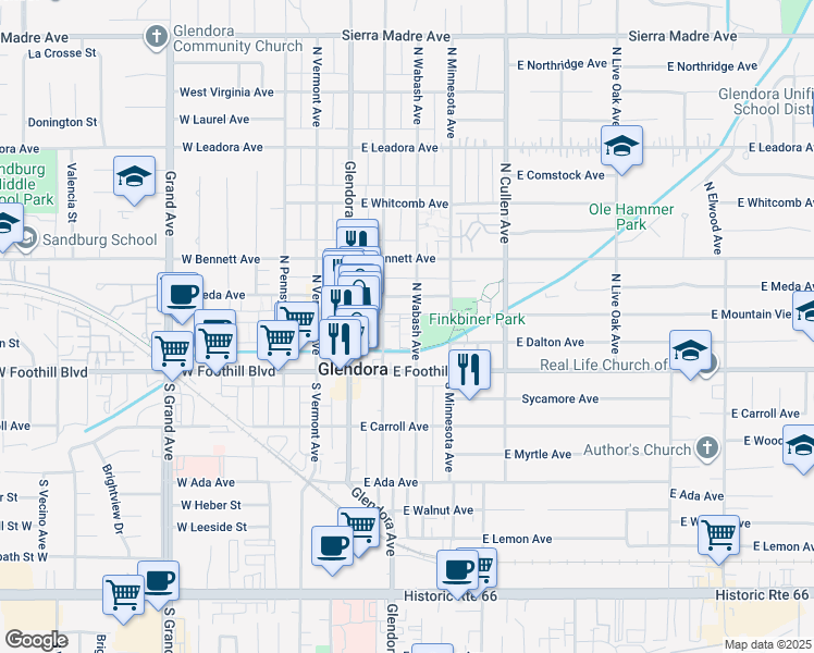 map of restaurants, bars, coffee shops, grocery stores, and more near 333 North Minnesota Avenue in Glendora