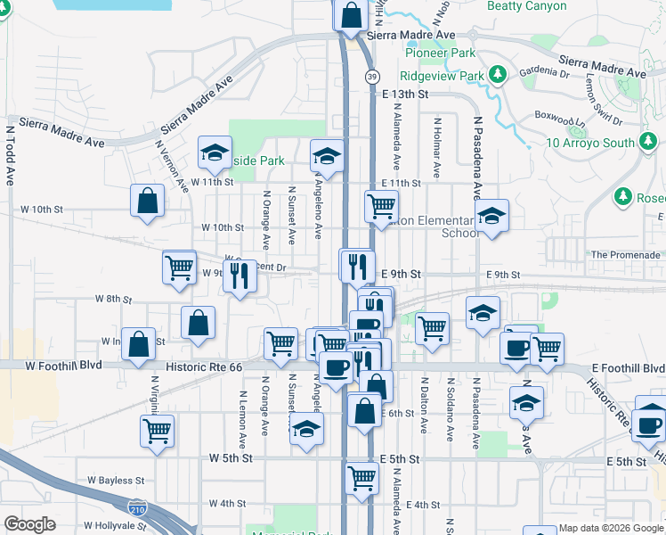 map of restaurants, bars, coffee shops, grocery stores, and more near 847 North San Gabriel Avenue in Azusa