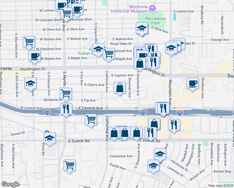map of restaurants, bars, coffee shops, grocery stores, and more near 515 East Fig Avenue in Monrovia