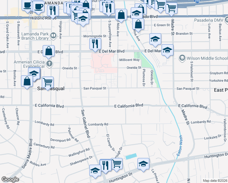 map of restaurants, bars, coffee shops, grocery stores, and more near 2905 Thorndike Road in Pasadena