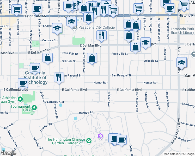 map of restaurants, bars, coffee shops, grocery stores, and more near 1735 Homet Road in Pasadena