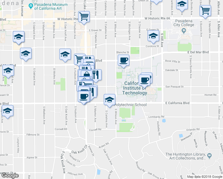 map of restaurants, bars, coffee shops, grocery stores, and more near 515 South Wilson Avenue in Pasadena