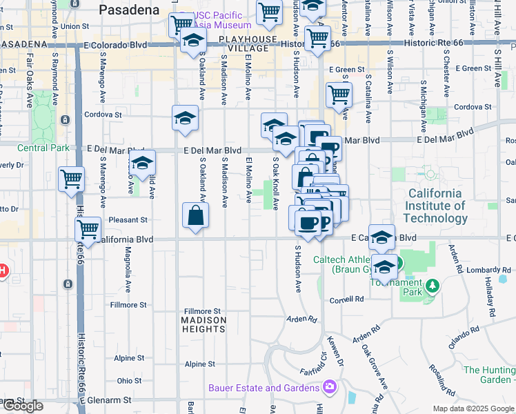 map of restaurants, bars, coffee shops, grocery stores, and more near 511 South El Molino Avenue in Pasadena