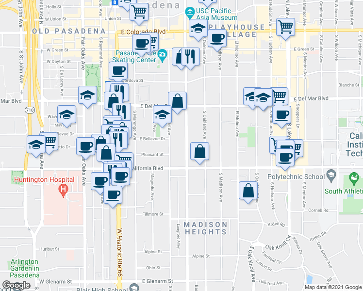 map of restaurants, bars, coffee shops, grocery stores, and more near 515 South Los Robles Avenue in Pasadena