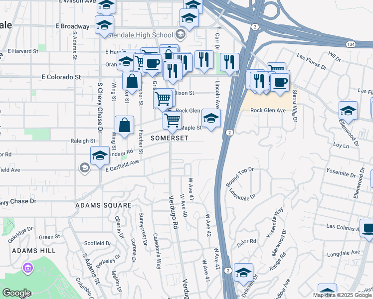 map of restaurants, bars, coffee shops, grocery stores, and more near 1448 East Garfield Avenue in Glendale