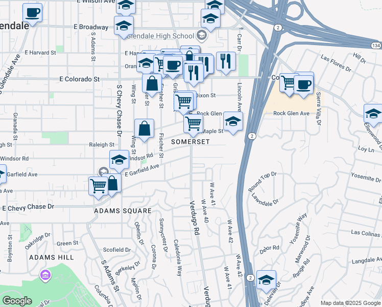 map of restaurants, bars, coffee shops, grocery stores, and more near 1412 East Garfield Avenue in Glendale