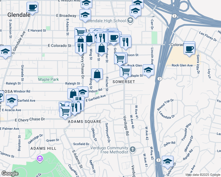 map of restaurants, bars, coffee shops, grocery stores, and more near 808 Fischer Street in Glendale