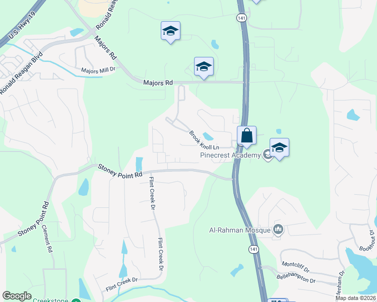 map of restaurants, bars, coffee shops, grocery stores, and more near 1615 Bluestone Drive in Cumming