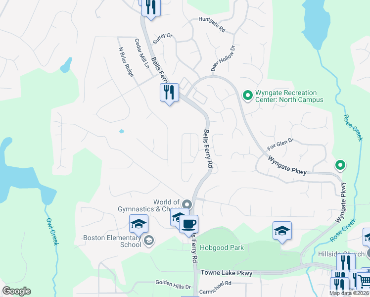 map of restaurants, bars, coffee shops, grocery stores, and more near 407 Belmont Way in Woodstock