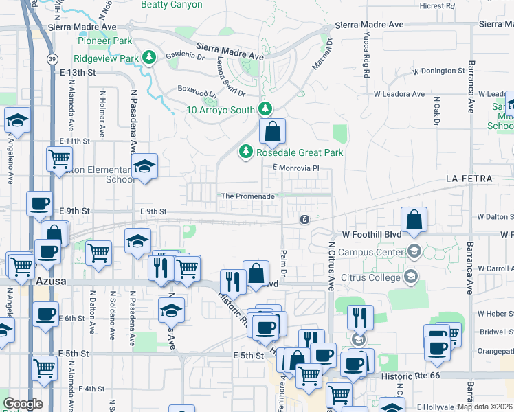 map of restaurants, bars, coffee shops, grocery stores, and more near 908 North Acacia Court in Azusa