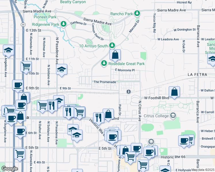 map of restaurants, bars, coffee shops, grocery stores, and more near 908 North Acacia Court in Azusa
