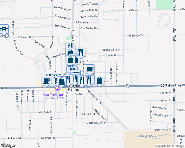 map of restaurants, bars, coffee shops, grocery stores, and more near 6388 West Court in Twentynine Palms