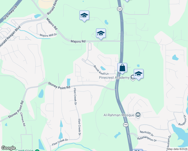 map of restaurants, bars, coffee shops, grocery stores, and more near 1365 Oak Meadows Lane in Cumming