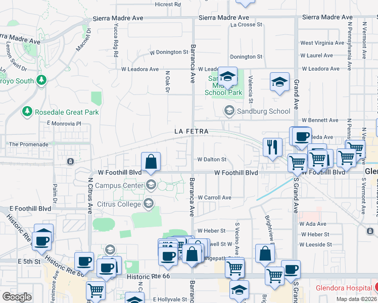 map of restaurants, bars, coffee shops, grocery stores, and more near 134 Windermere Lane in Glendora