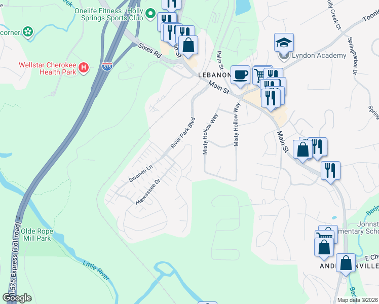 map of restaurants, bars, coffee shops, grocery stores, and more near 613 Sweet Bay Ridge in Woodstock