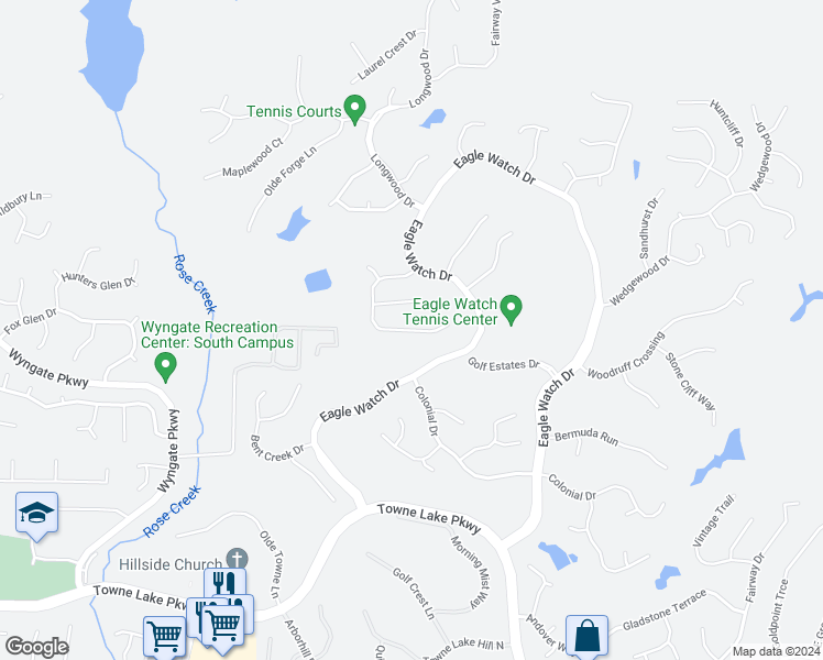 map of restaurants, bars, coffee shops, grocery stores, and more near Indian Ridge Drive in Woodstock
