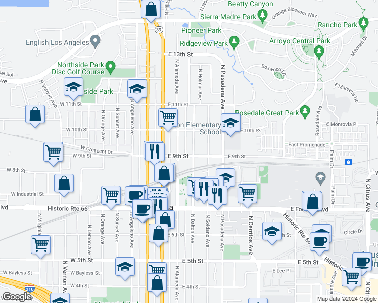 map of restaurants, bars, coffee shops, grocery stores, and more near 907 North Dalton Avenue in Azusa