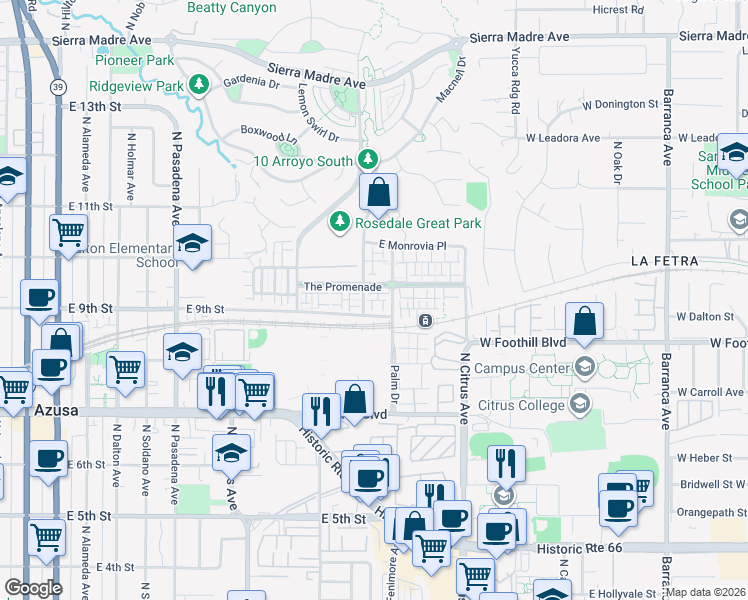 map of restaurants, bars, coffee shops, grocery stores, and more near 829 Cassia Lane in Azusa