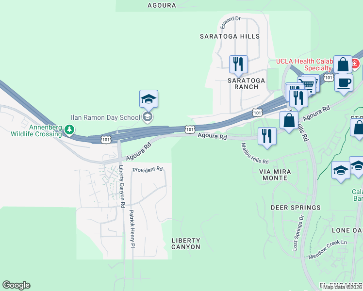 map of restaurants, bars, coffee shops, grocery stores, and more near 27300 Agoura Road in Agoura Hills