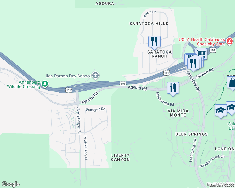 map of restaurants, bars, coffee shops, grocery stores, and more near 27300 Agoura Road in Agoura Hills