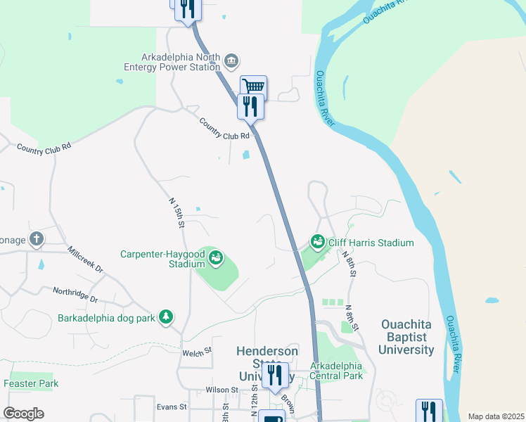 map of restaurants, bars, coffee shops, grocery stores, and more near 8 Pinewood Drive in Arkadelphia