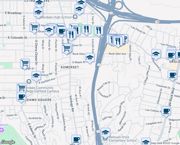 map of restaurants, bars, coffee shops, grocery stores, and more near 1517 East Garfield Avenue in Glendale