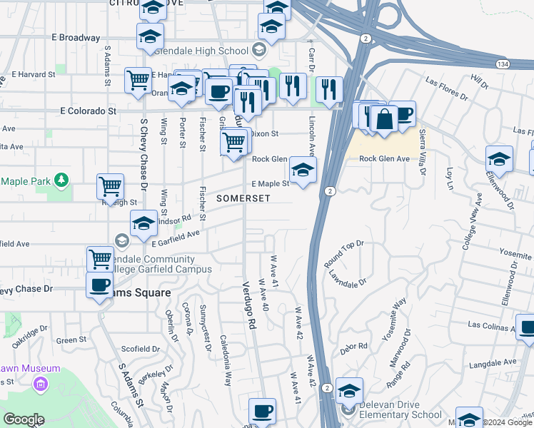 map of restaurants, bars, coffee shops, grocery stores, and more near 1517 East Garfield Avenue in Glendale
