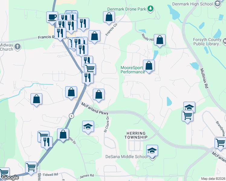 map of restaurants, bars, coffee shops, grocery stores, and more near 6260 Crested Moss Drive in Alpharetta